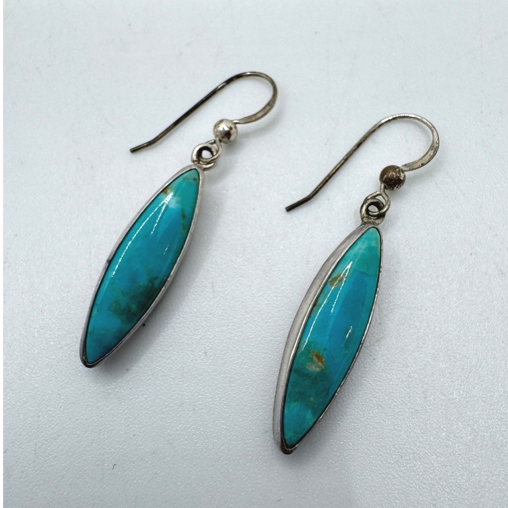 Southwestern Silver Tone Marquise Turquoise Dangle Drop Earrings Western Boho
